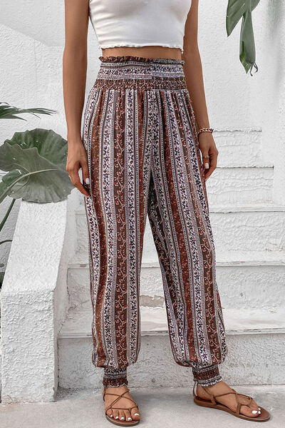 Perfee Smocked Printed High Waist Pants elegancydose