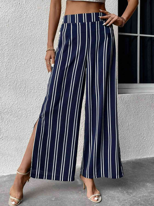 Perfee Striped Slit Wide Leg Pants elegancydose