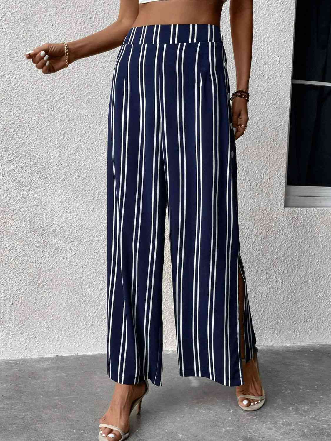 Perfee Striped Slit Wide Leg Pants elegancydose