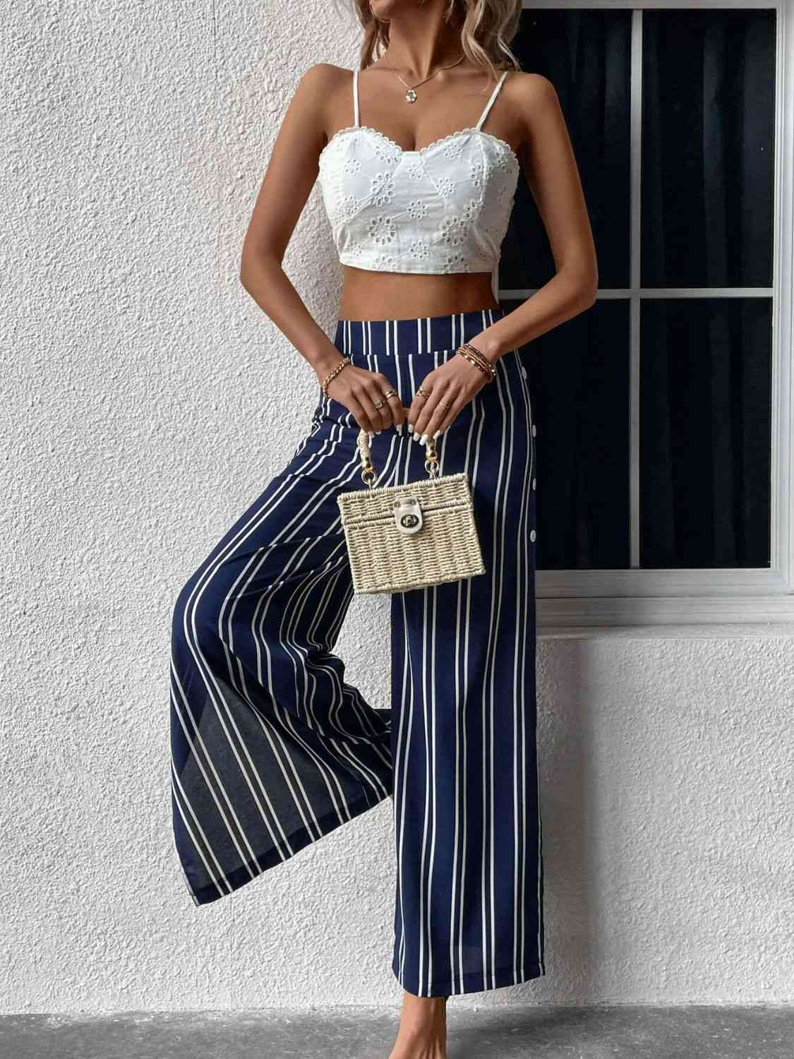 Perfee Striped Slit Wide Leg Pants elegancydose