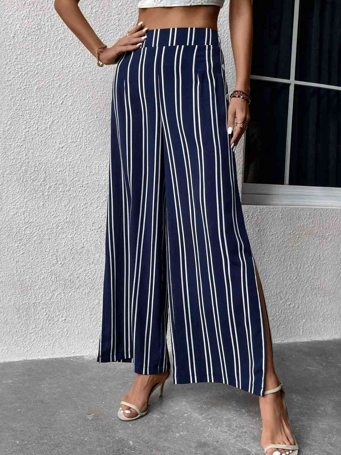 Perfee Striped Slit Wide Leg Pants elegancydose