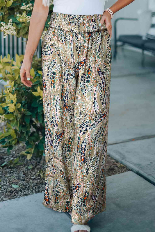 Printed Smocked Waist Wide Leg Pants elegancydose