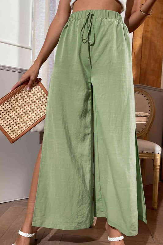Shiny Side Slit Wide Leg Pants elegancydose
