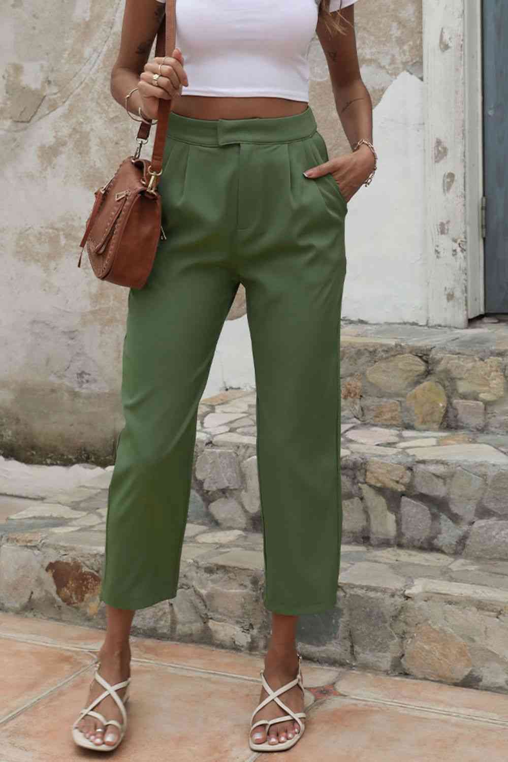 Shiny Straight Leg Cropped Pants with Pockets elegancydose