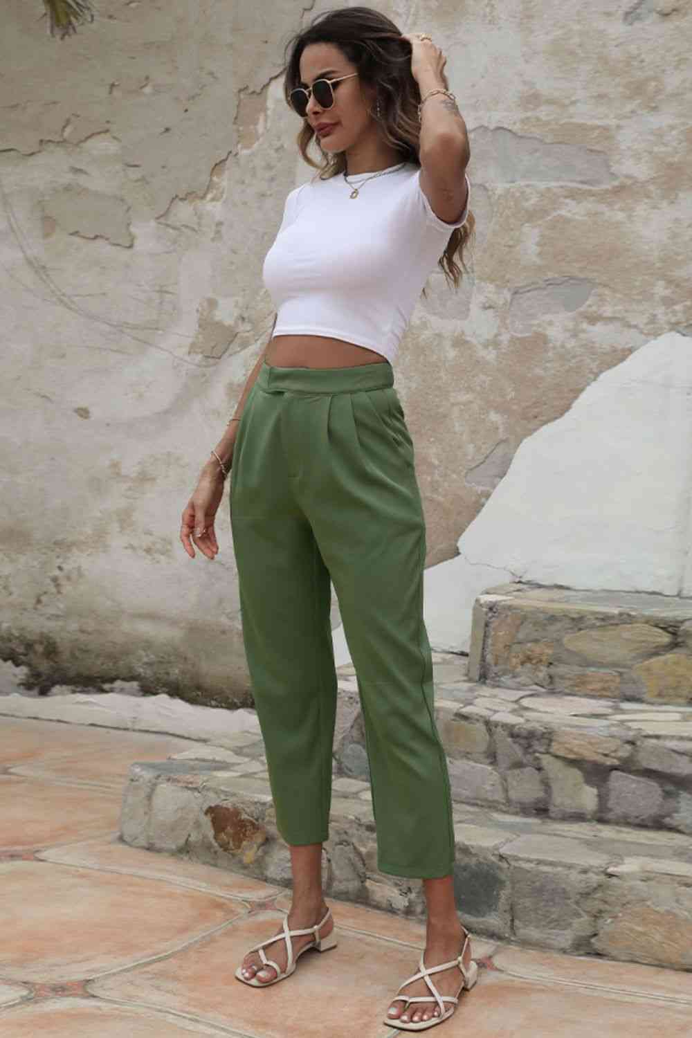 Shiny Straight Leg Cropped Pants with Pockets elegancydose