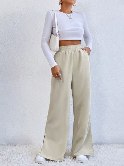 Slit Pocketed High Waist Wide Leg Pants elegancydose
