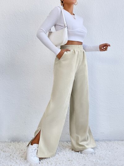 Slit Pocketed High Waist Wide Leg Pants elegancydose
