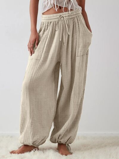 Textured Tied Pants with Pockets elegancydose