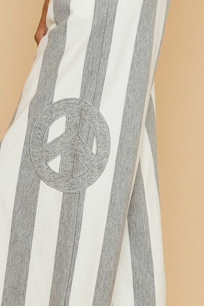 Umgee Peace Sign Patch Striped Wide Leg Pants elegancydose