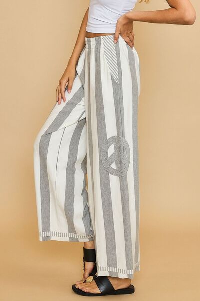 Umgee Peace Sign Patch Striped Wide Leg Pants elegancydose