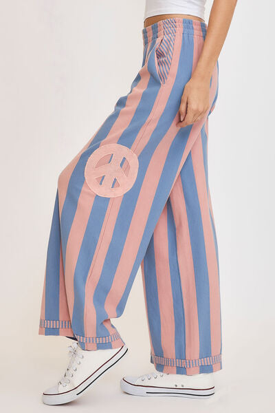Umgee Peace Sign Patch Striped Wide Leg Pants elegancydose