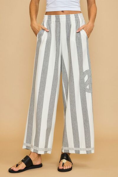 Umgee Peace Sign Patch Striped Wide Leg Pants elegancydose