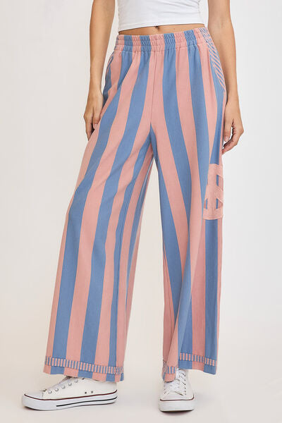 Umgee Peace Sign Patch Striped Wide Leg Pants elegancydose