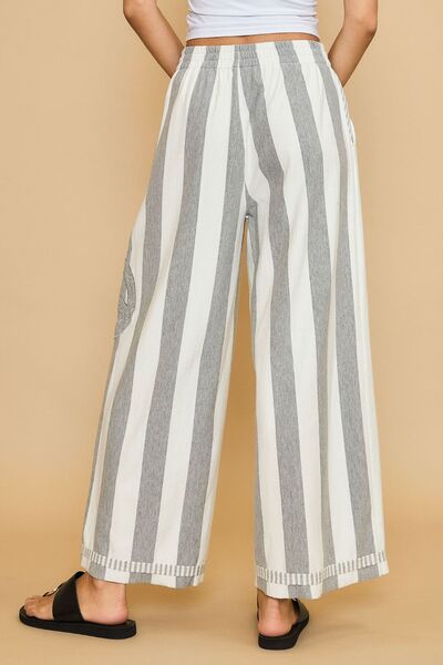 Umgee Peace Sign Patch Striped Wide Leg Pants elegancydose