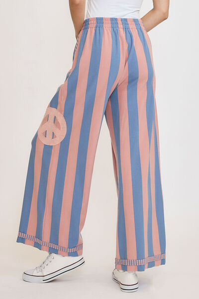 Umgee Peace Sign Patch Striped Wide Leg Pants elegancydose