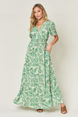 Double Take Full Size Printed Drawstring Short Sleeve Dress
