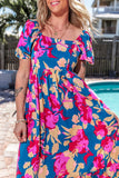Printed Square Neck Short Sleeve Midi Dress