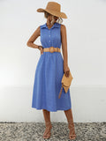 Striped Collared Neck Sleeveless Midi Dress