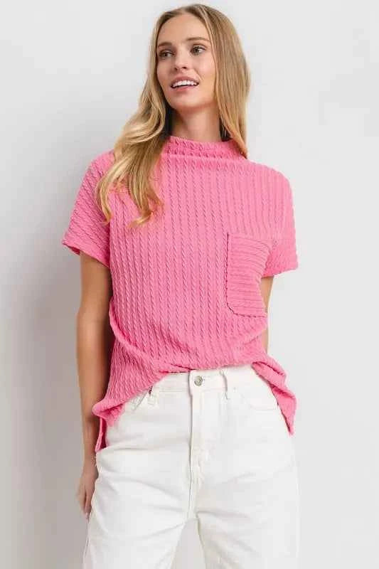 Ces Femme Texture Mock Neck Short Sleeve Knit Top