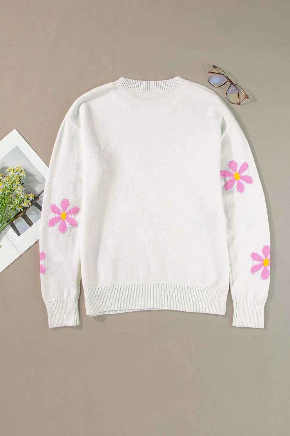Flower Round Neck Long Sleeve Sweater