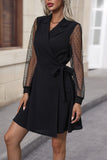 Perfee Lapel Collar Tied Mesh Long Sleeve Dress