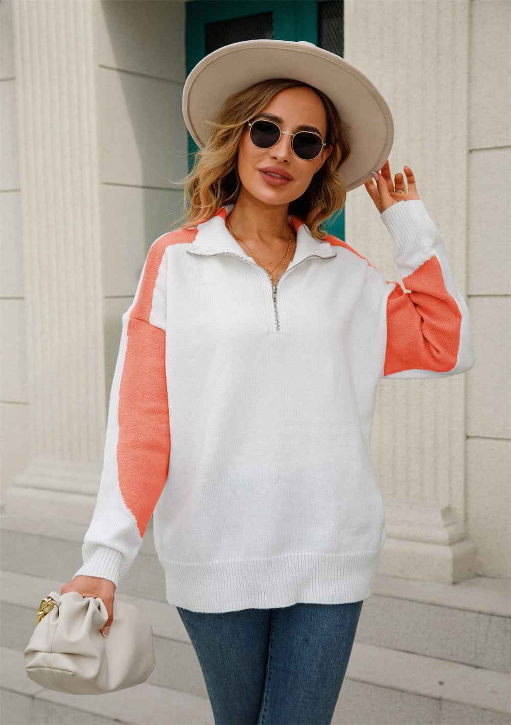Angel Wings Two-Tone Collared Neck Dropped Shoulder Knit Top