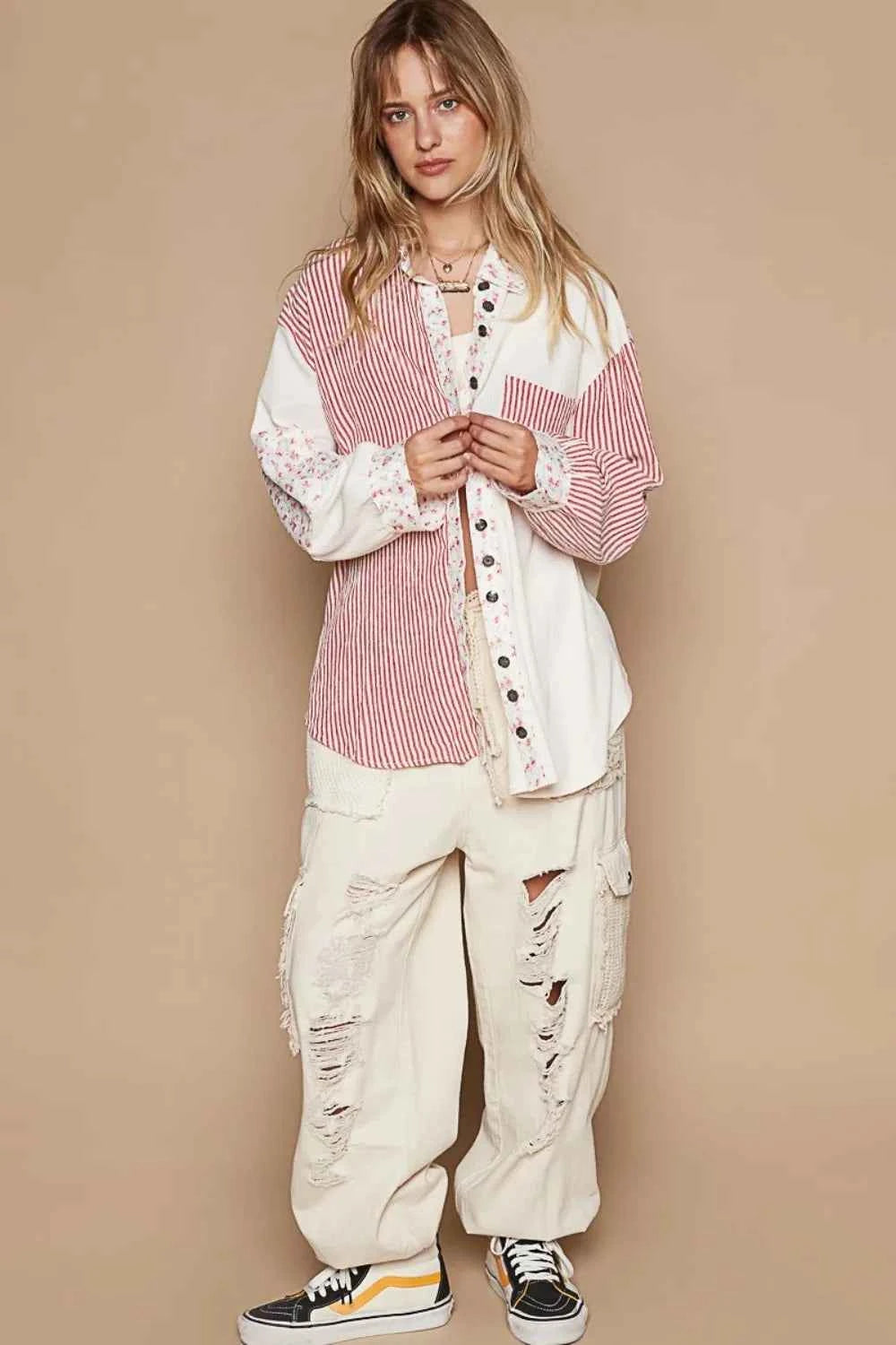 POL Long Sleeve Embroidered Print Patch Pocket Shirt