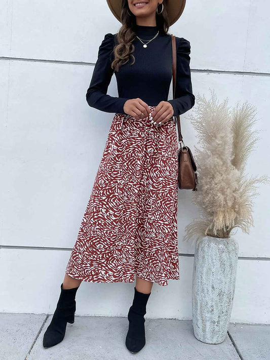 Perfee Printed Mock Neck Puff Sleeve Midi Dress