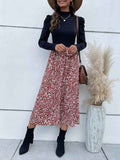 Perfee Printed Mock Neck Puff Sleeve Midi Dress