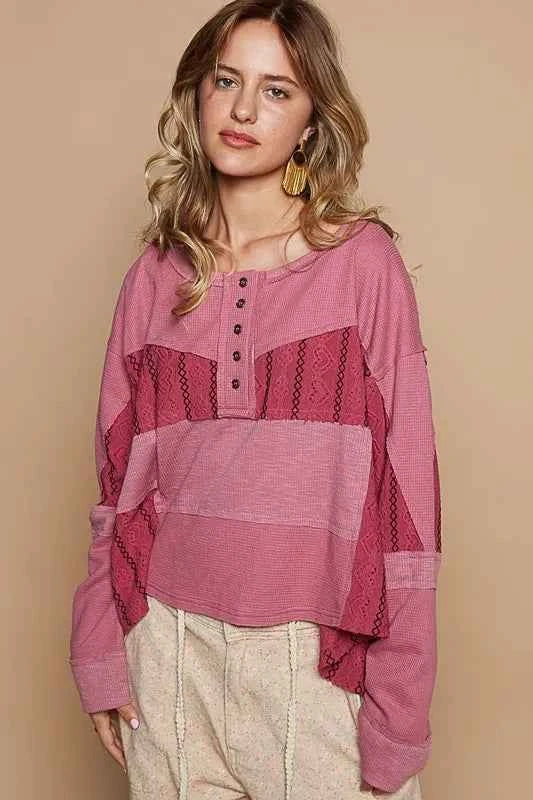 POL Half Button Color Block Drop Shoulder Knit Top