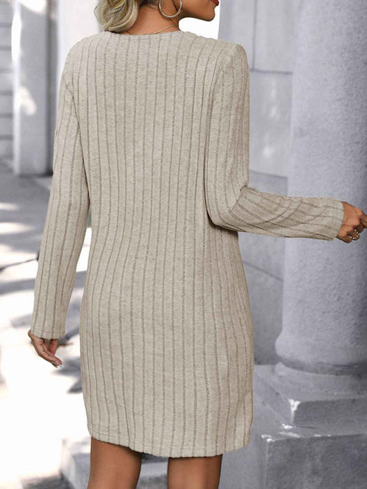 Perfee V-Neck Long Sleeve Knit Dress