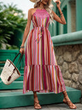 Perfee Lace Detail Striped Halter Neck Midi Dress