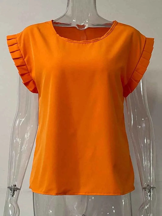 Ruffled Round Neck Cap Sleeve Blouse