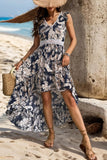 Perfee High-Low Printed V-Neck Cap Sleeve Midi Dress