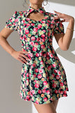 Shiny Floral Buttoned Cutout Puff Sleeve Dress