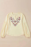 Embroidered Notched Long Sleeve Blouse