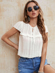 Honey Tie Neck Ruffled Short Sleeve Blouse