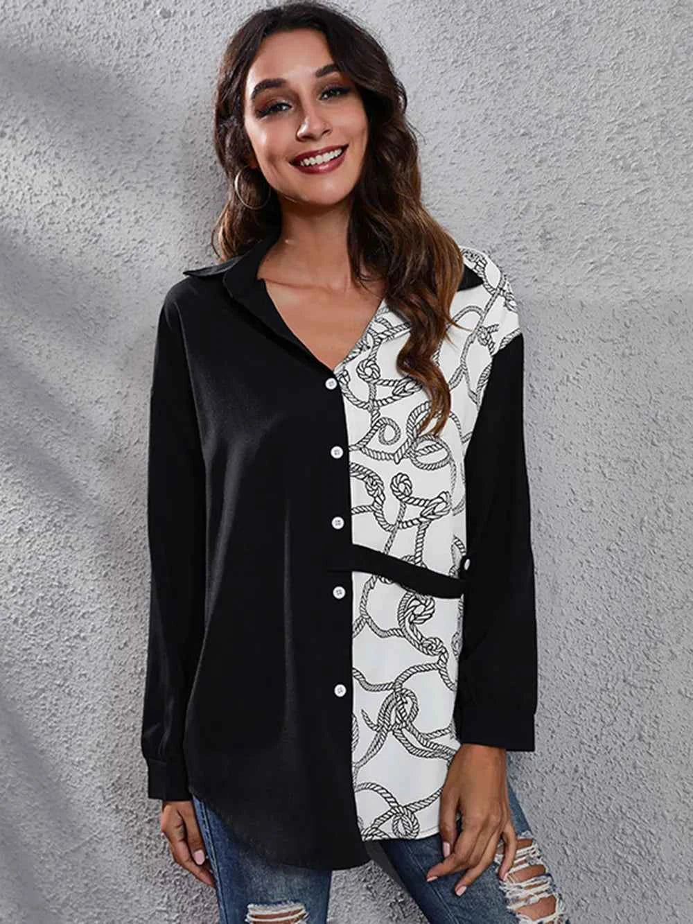 Printed Collared Neck Long Sleeve Shirt