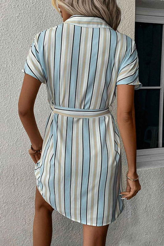 Perfee Striped Johnny Collar Tie-Waist Dress