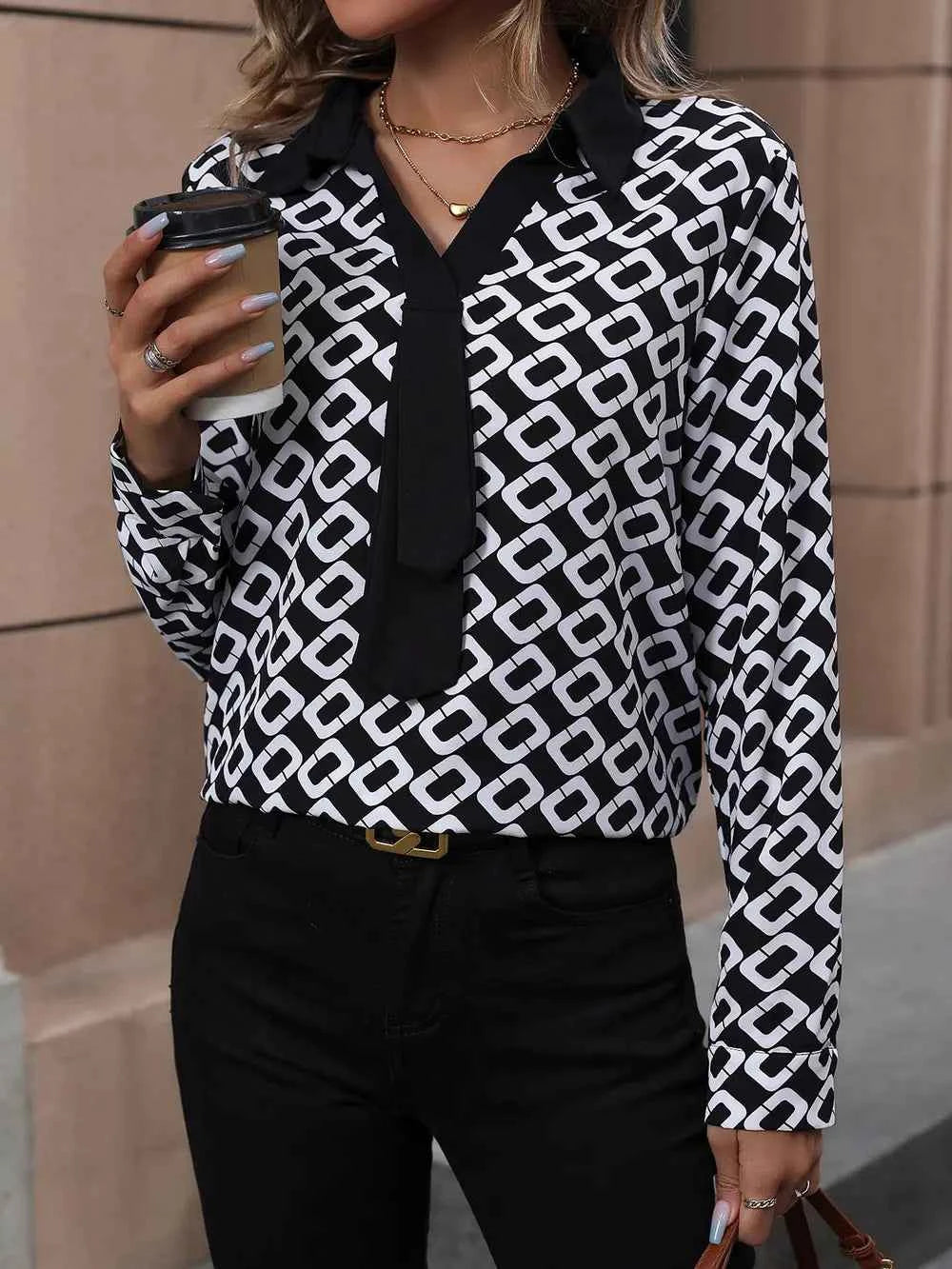 Perfee Printed Collared Neck Long Sleeve Shirt