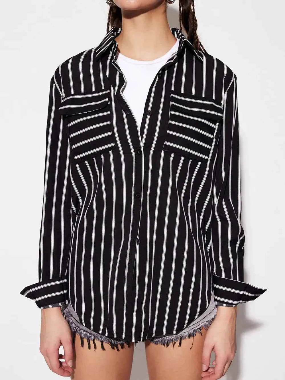 Striped Collared Neck Long Sleeve Shirt