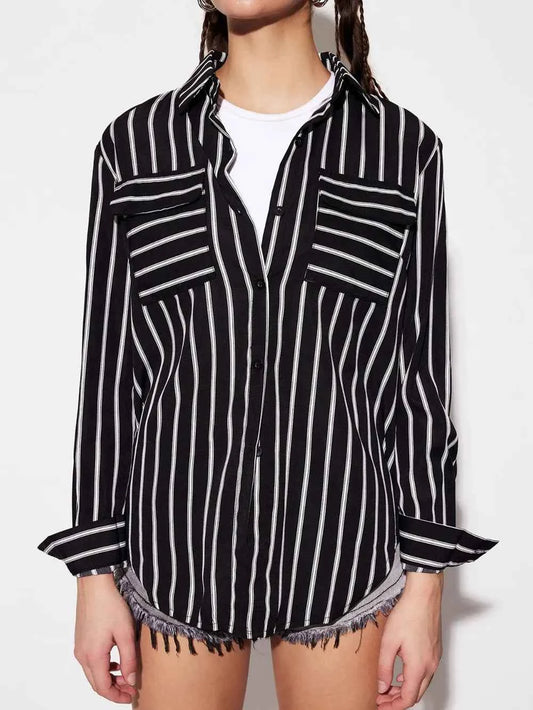 Striped Collared Neck Long Sleeve Shirt