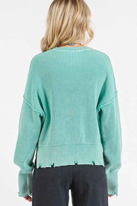 Mittoshop Distressed Hem Round Neck Dropped Shoulder Sweater