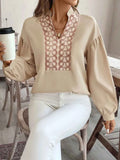 Perfee Printed Notched Long Sleeve Blouse