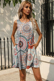 Shiny Printed Round Neck Sleeveless Dress with Pockets
