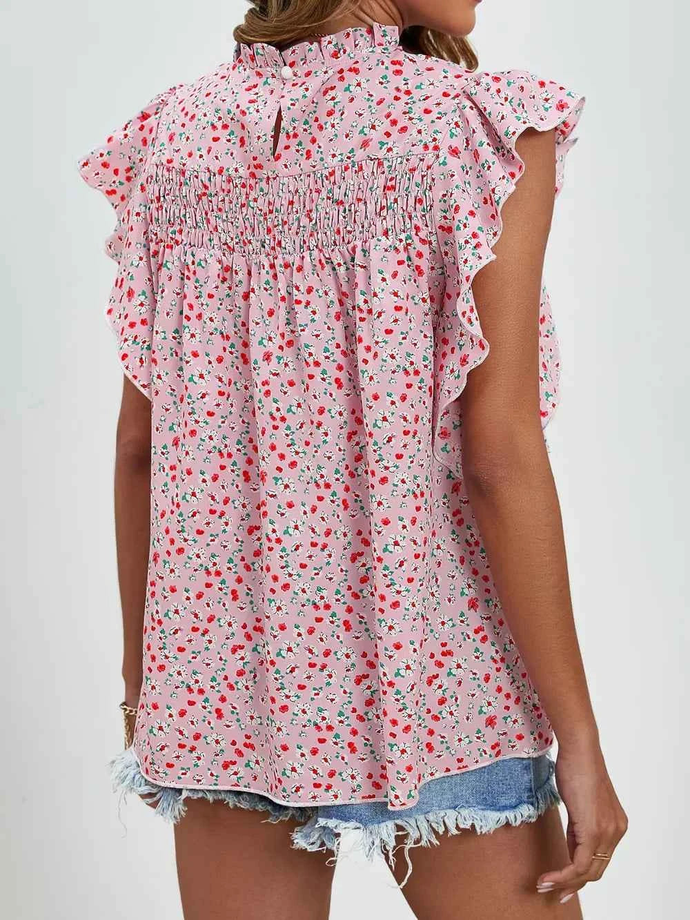 Ruffled Ditsy Floral Mock Neck Cap Sleeve Blouse