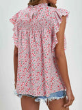 Ruffled Ditsy Floral Mock Neck Cap Sleeve Blouse