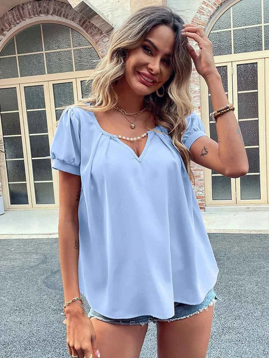 Ivy Lane Pearl Detail Notched Short Sleeve Blouse