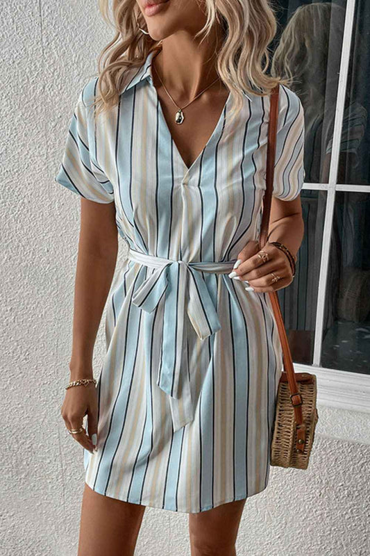 Perfee Striped Johnny Collar Tie-Waist Dress
