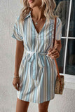 Perfee Striped Johnny Collar Tie-Waist Dress